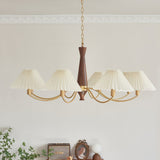 Mid Century Modern Pleated Fabric Chandelier with Walnut Wood and Brass Arms