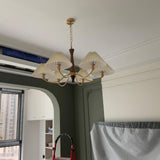 Mid Century Modern Pleated Fabric Chandelier with Walnut Wood and Brass Arms