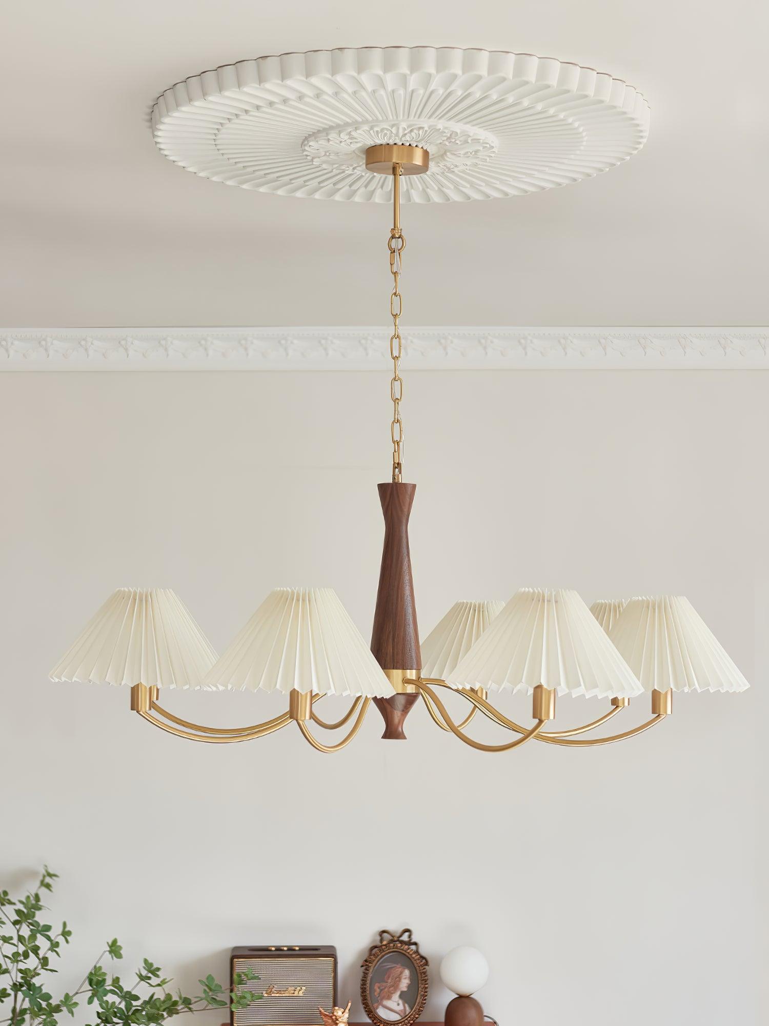 Mid Century Modern Pleated Fabric Chandelier with Walnut Wood and Brass Arms