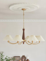 Mid Century Modern Pleated Fabric Chandelier with Walnut Wood and Brass Arms