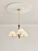 Mid Century Modern Pleated Fabric Chandelier with Walnut Wood and Brass Arms