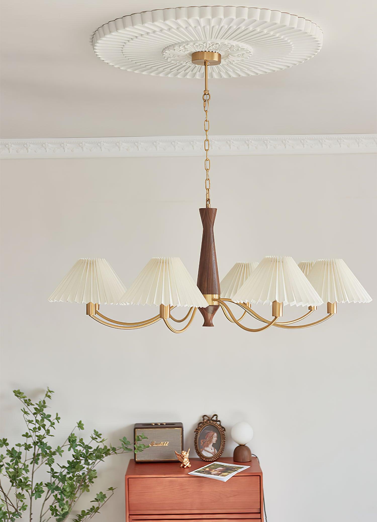 Mid Century Modern Pleated Fabric Chandelier with Walnut Wood and Brass Arms