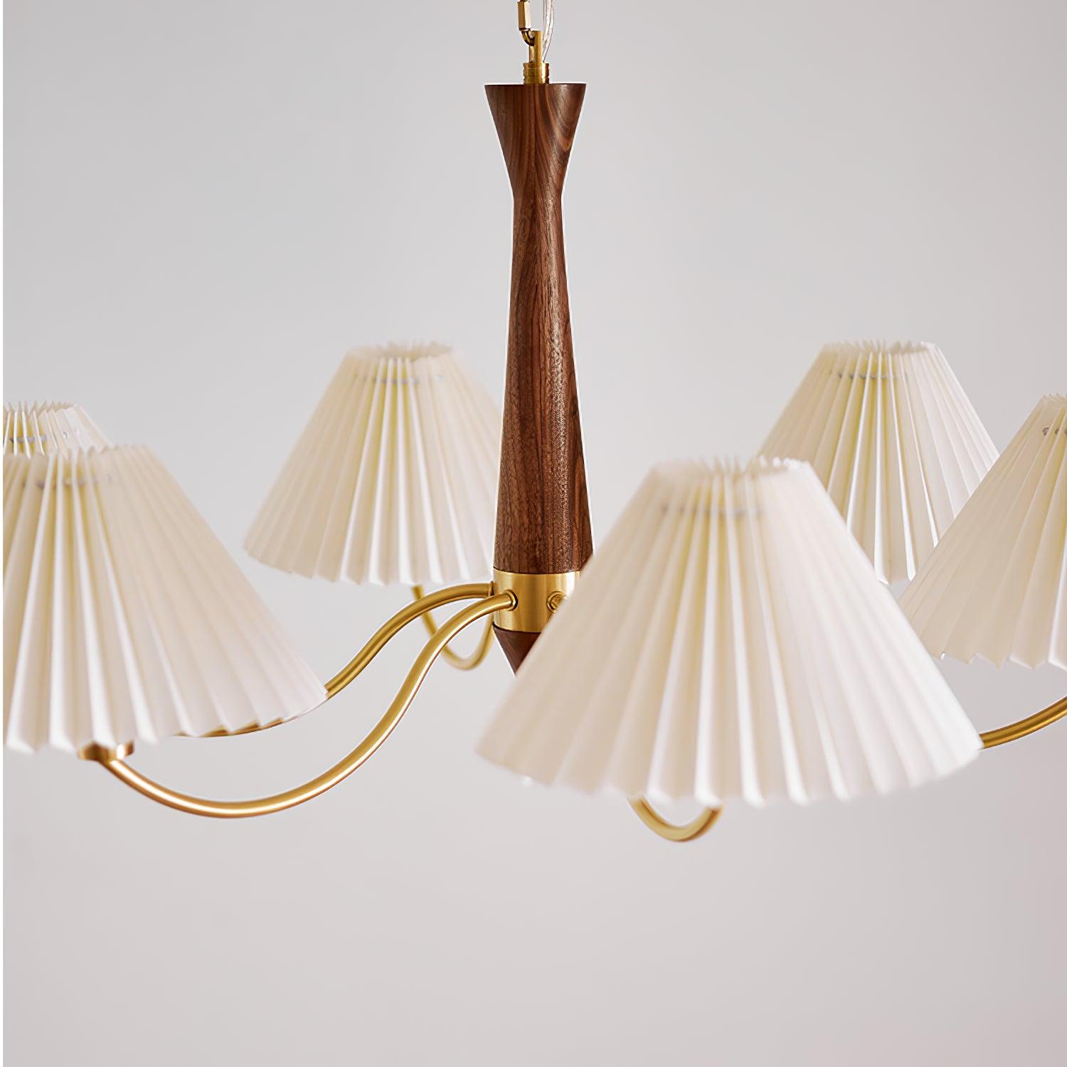 Mid Century Modern Pleated Fabric Chandelier with Walnut Wood and Brass Arms