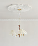Mid Century Modern Pleated Fabric Chandelier with Walnut Wood and Brass Arms