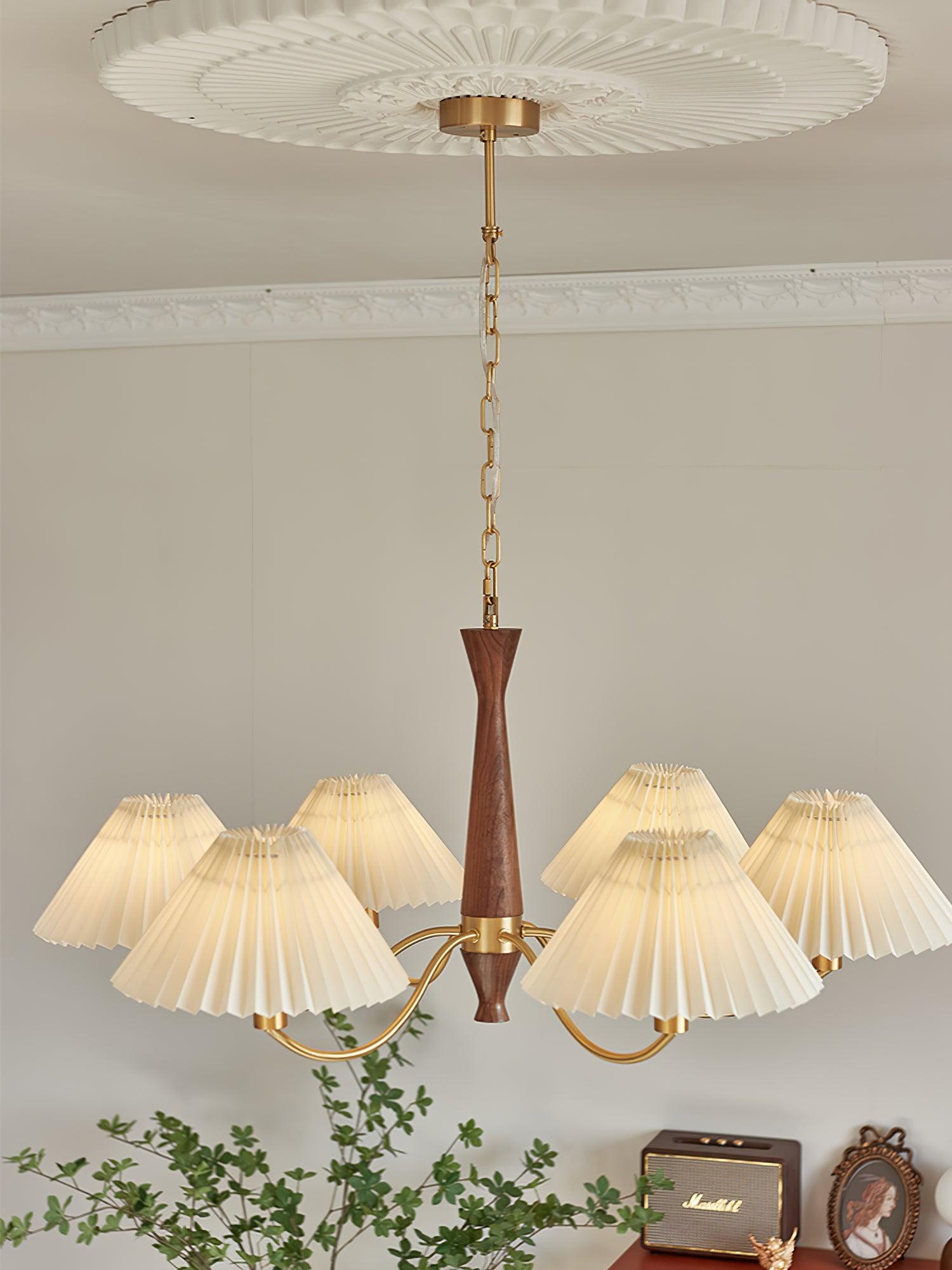 Mid Century Modern Pleated Fabric Chandelier with Walnut Wood and Brass Arms
