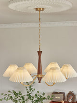 Mid Century Modern Pleated Fabric Chandelier with Walnut Wood and Brass Arms