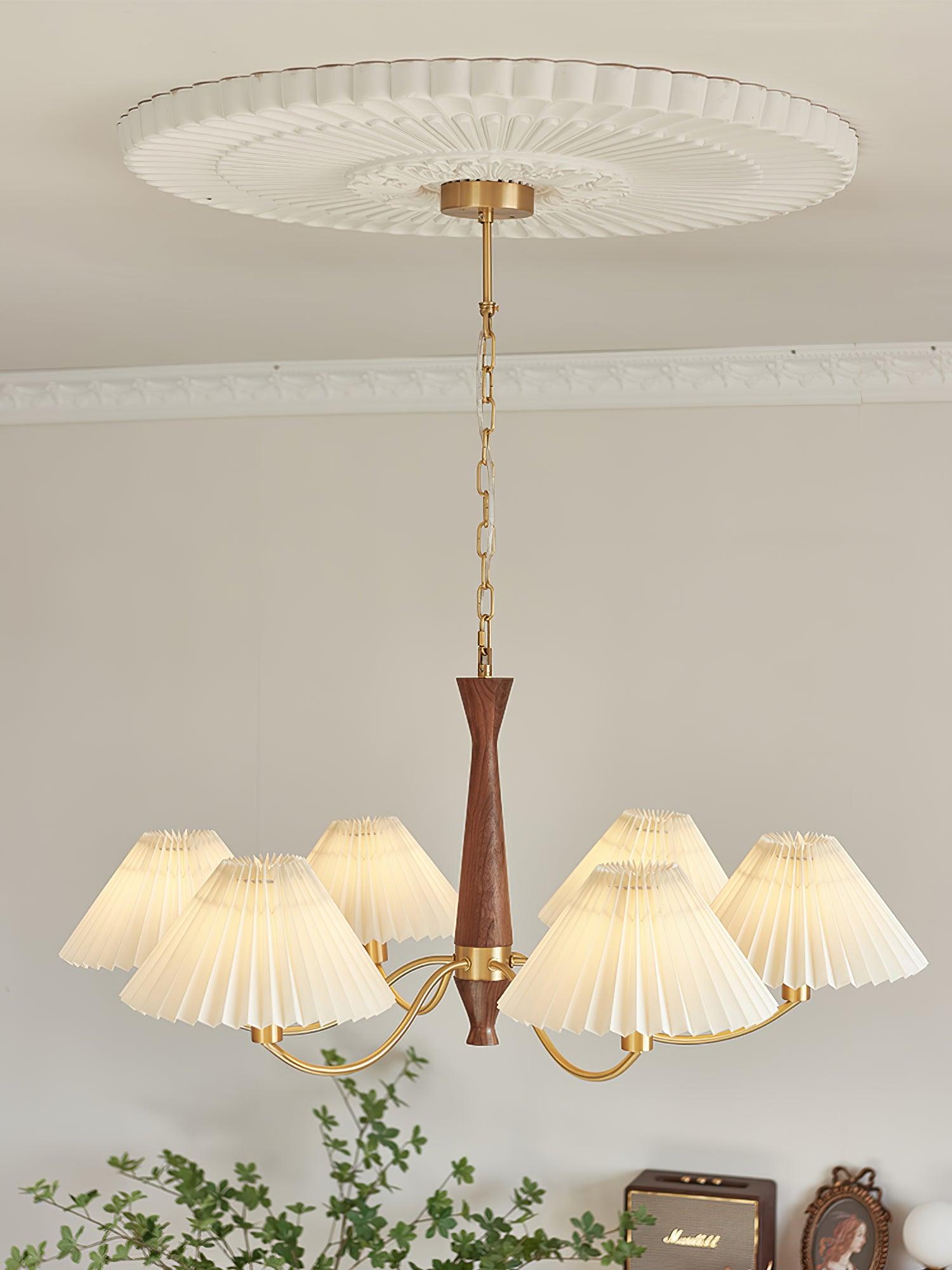 Mid Century Modern Pleated Fabric Chandelier with Walnut Wood and Brass Arms