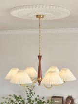 Mid Century Modern Pleated Fabric Chandelier with Walnut Wood and Brass Arms