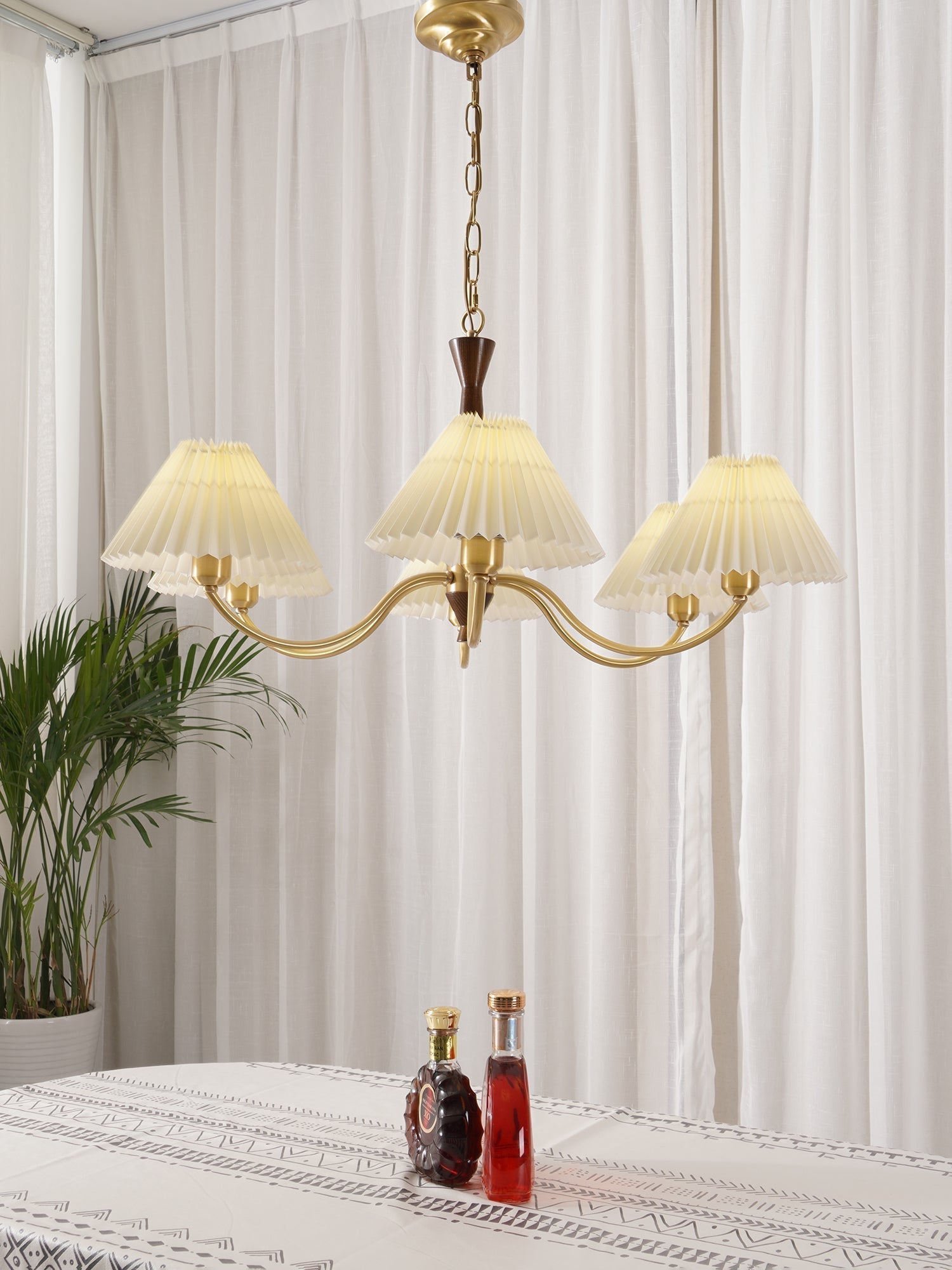 Mid Century Modern Pleated Fabric Chandelier with Walnut Wood and Brass Arms