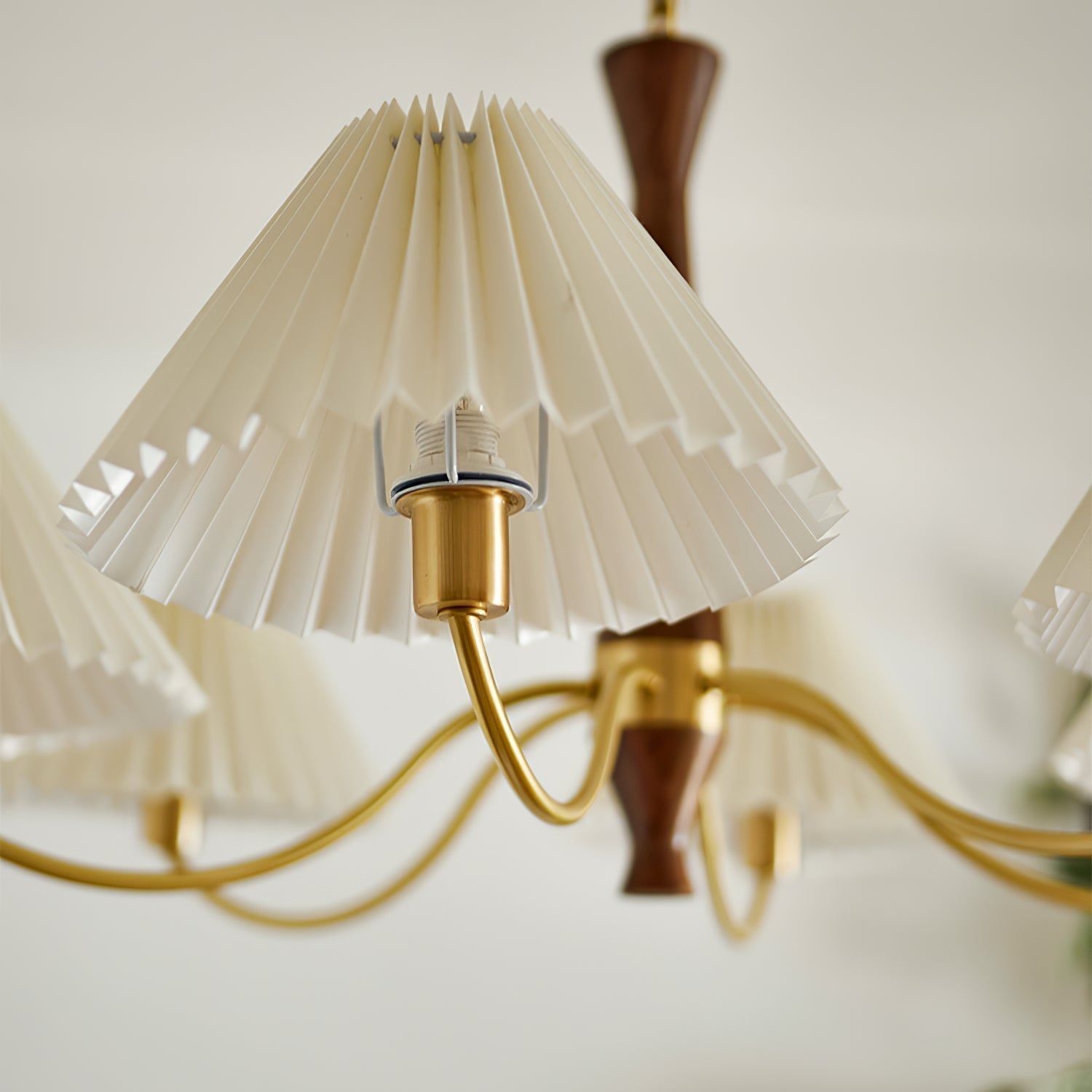Mid Century Modern Pleated Fabric Chandelier with Walnut Wood and Brass Arms