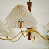 Mid Century Modern Pleated Fabric Chandelier with Walnut Wood and Brass Arms