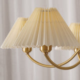 Mid Century Modern Pleated Fabric Chandelier with Walnut Wood and Brass Arms