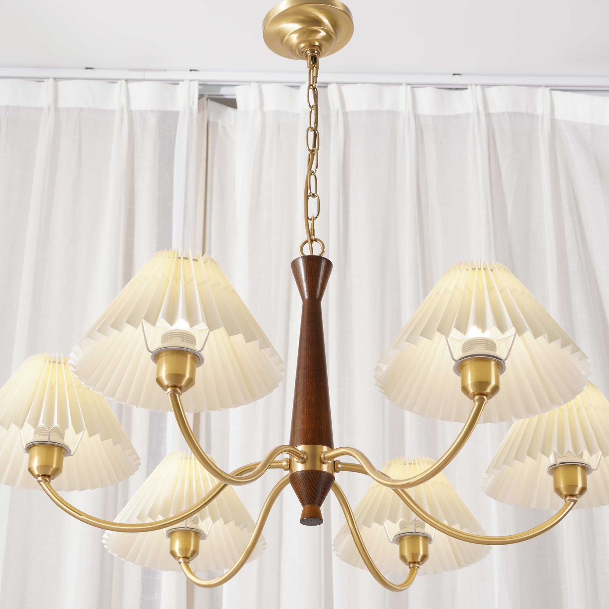 Mid Century Modern Pleated Fabric Chandelier with Walnut Wood and Brass Arms
