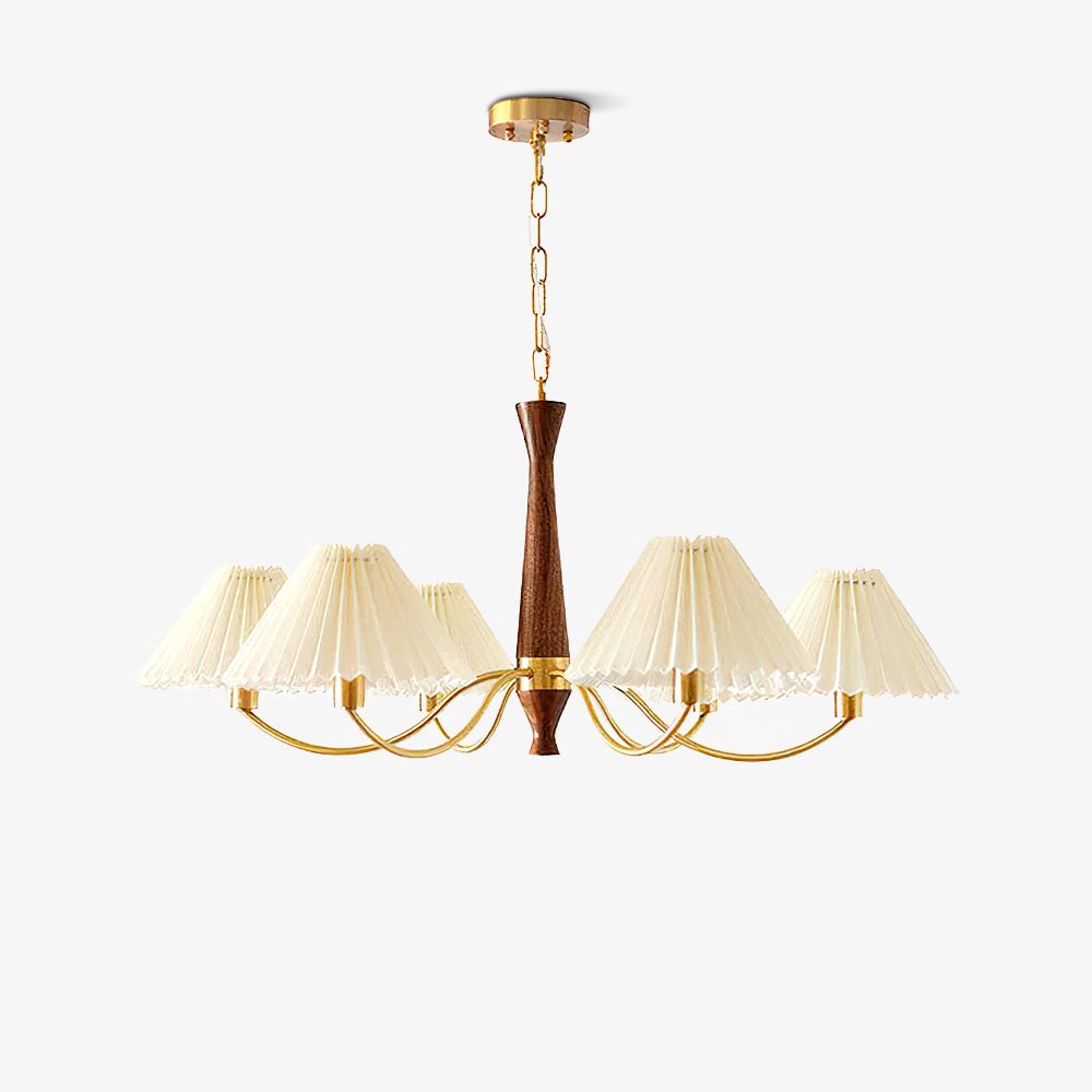 Mid Century Modern Pleated Fabric Chandelier with Walnut Wood and Brass Arms