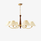 Mid Century Modern Pleated Fabric Chandelier with Walnut Wood and Brass Arms