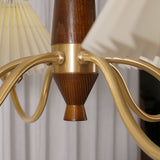 Mid Century Modern Pleated Fabric Chandelier with Walnut Wood and Brass Arms