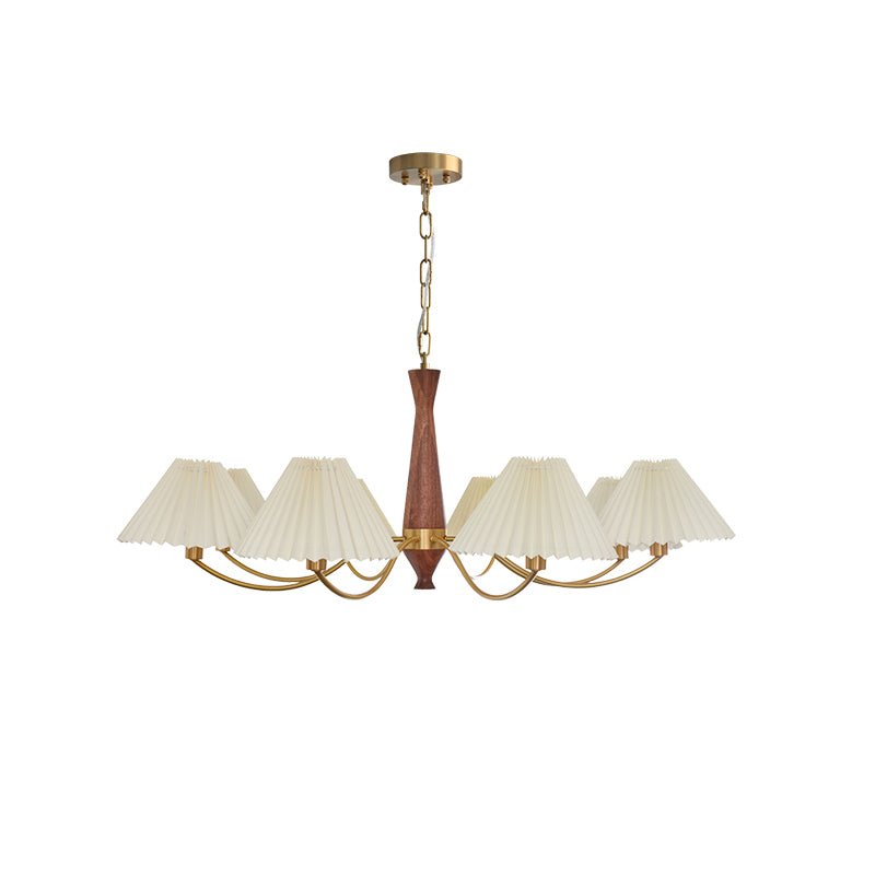 Mid Century Modern Pleated Fabric Chandelier with Walnut Wood and Brass Arms