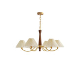 Mid Century Modern Pleated Fabric Chandelier with Walnut Wood and Brass Arms