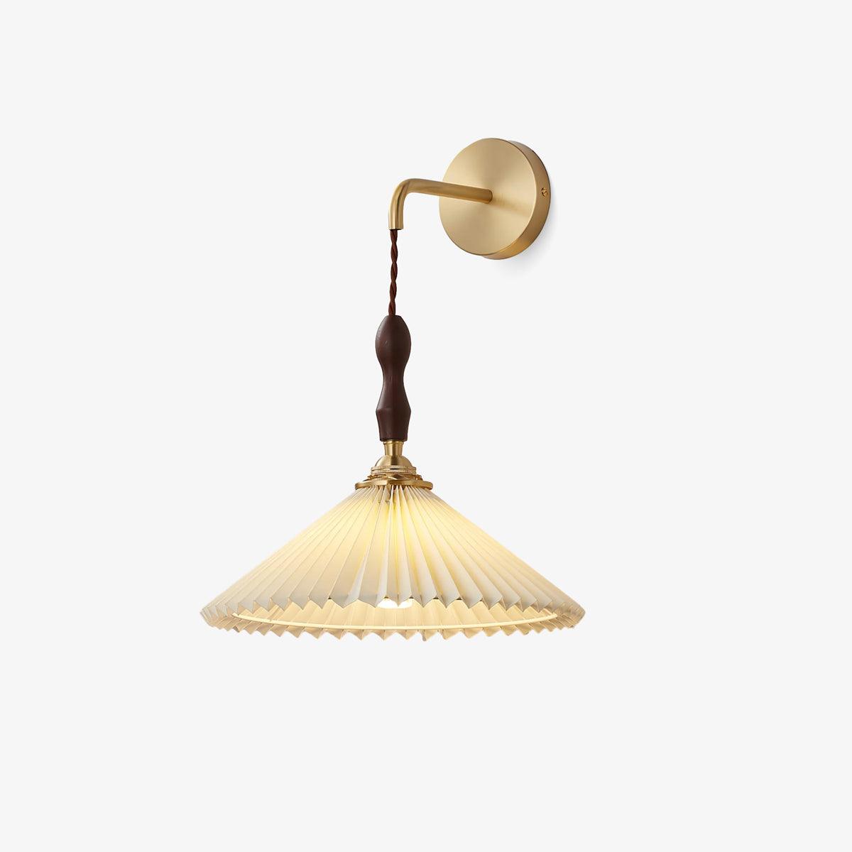 Mid Century Modern Pleated Wall Sconce Walnut Wood and Brass Lamp Set of Two