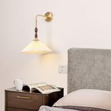 Mid Century Modern Pleated Wall Sconce Walnut Wood and Brass Lamp Set of Two