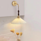 Mid Century Modern Pleated Wall Sconce Walnut Wood and Brass Lamp Set of Two