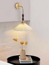 Mid Century Modern Pleated Wall Sconce Walnut Wood and Brass Lamp Set of Two