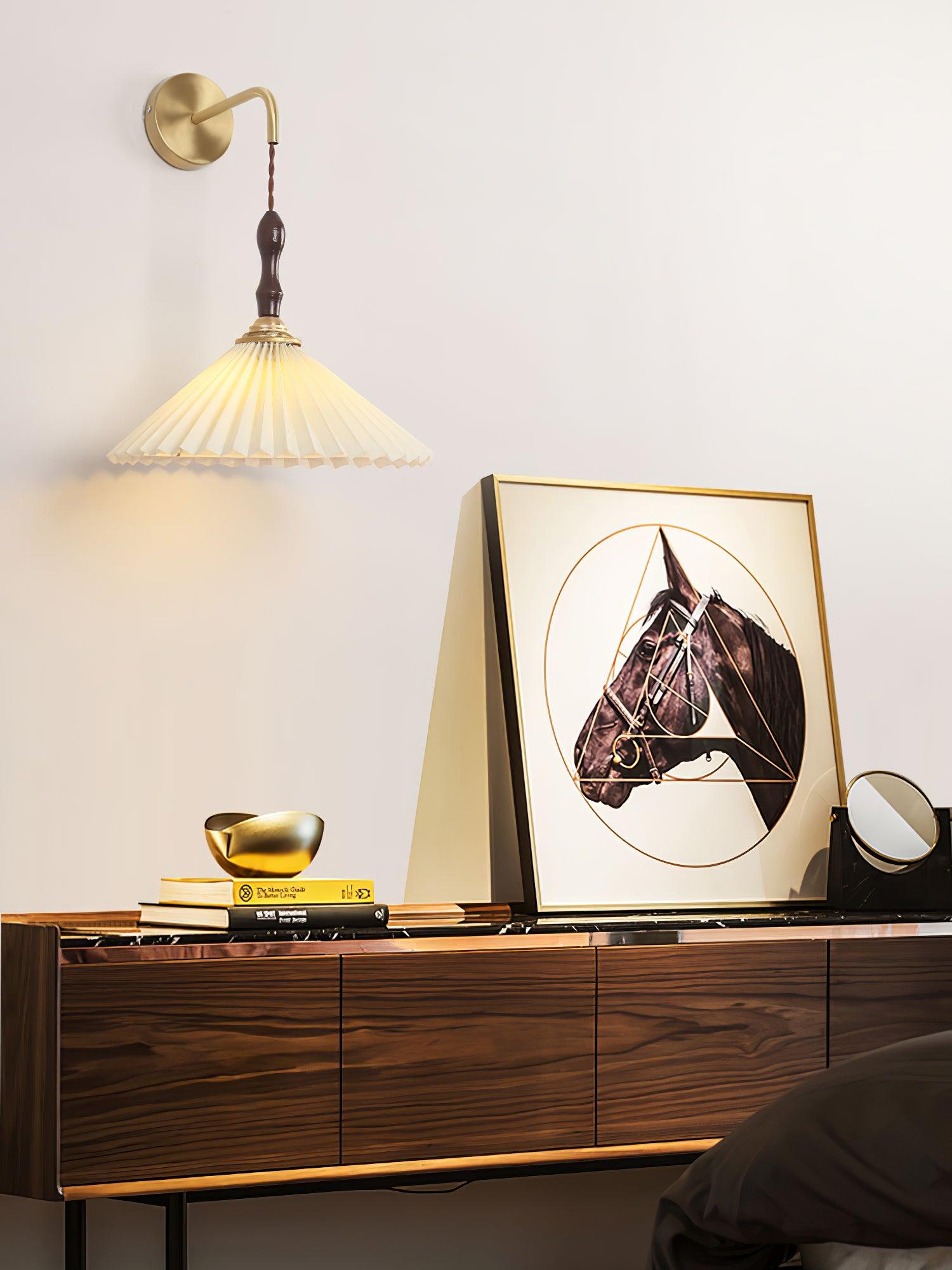 Mid Century Modern Pleated Wall Sconce Walnut Wood and Brass Lamp Set of Two