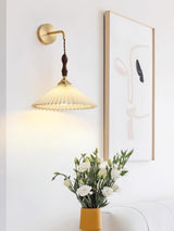 Mid Century Modern Pleated Wall Sconce Walnut Wood and Brass Lamp Set of Two