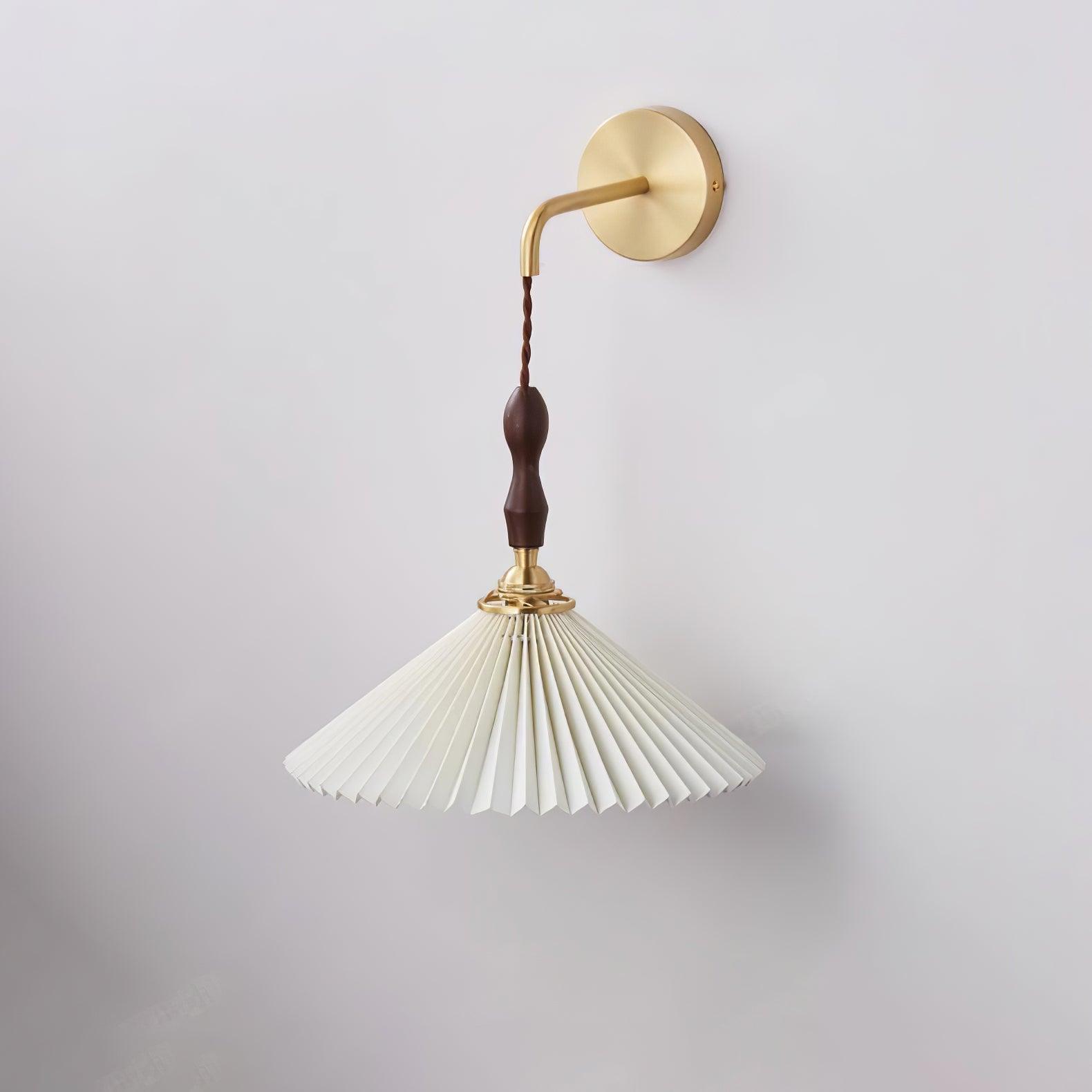 Mid Century Modern Pleated Wall Sconce Walnut Wood and Brass Lamp Set of Two