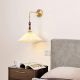 Mid Century Modern Pleated Wall Sconce Walnut Wood and Brass Lamp Set of Two