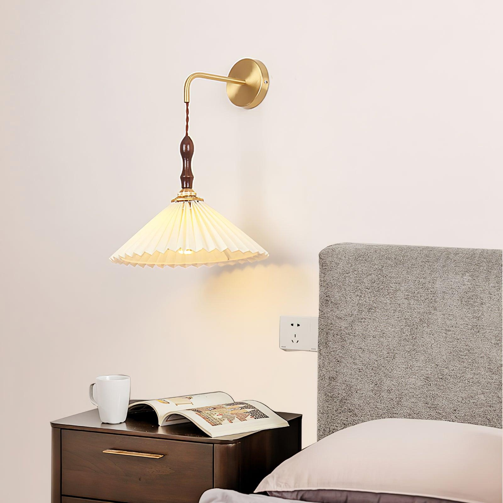 Mid Century Modern Pleated Wall Sconce Walnut Wood and Brass Lamp Set of Two