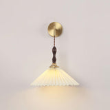 Mid Century Modern Pleated Wall Sconce Walnut Wood and Brass Lamp Set of Two