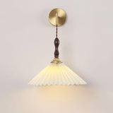 Mid Century Modern Pleated Wall Sconce Walnut Wood and Brass Lamp Set of Two