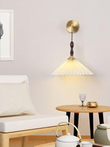 Mid Century Modern Pleated Wall Sconce Walnut Wood and Brass Lamp Set of Two