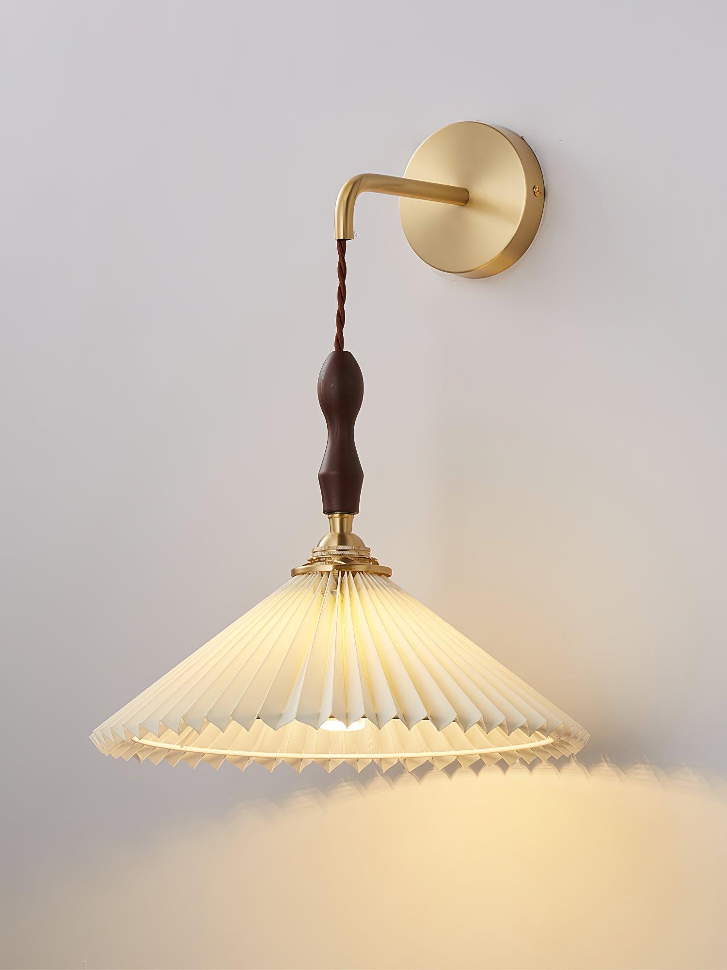 Mid Century Modern Pleated Wall Sconce Walnut Wood and Brass Lamp Set of Two