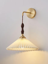 Mid Century Modern Pleated Wall Sconce Walnut Wood and Brass Lamp Set of Two
