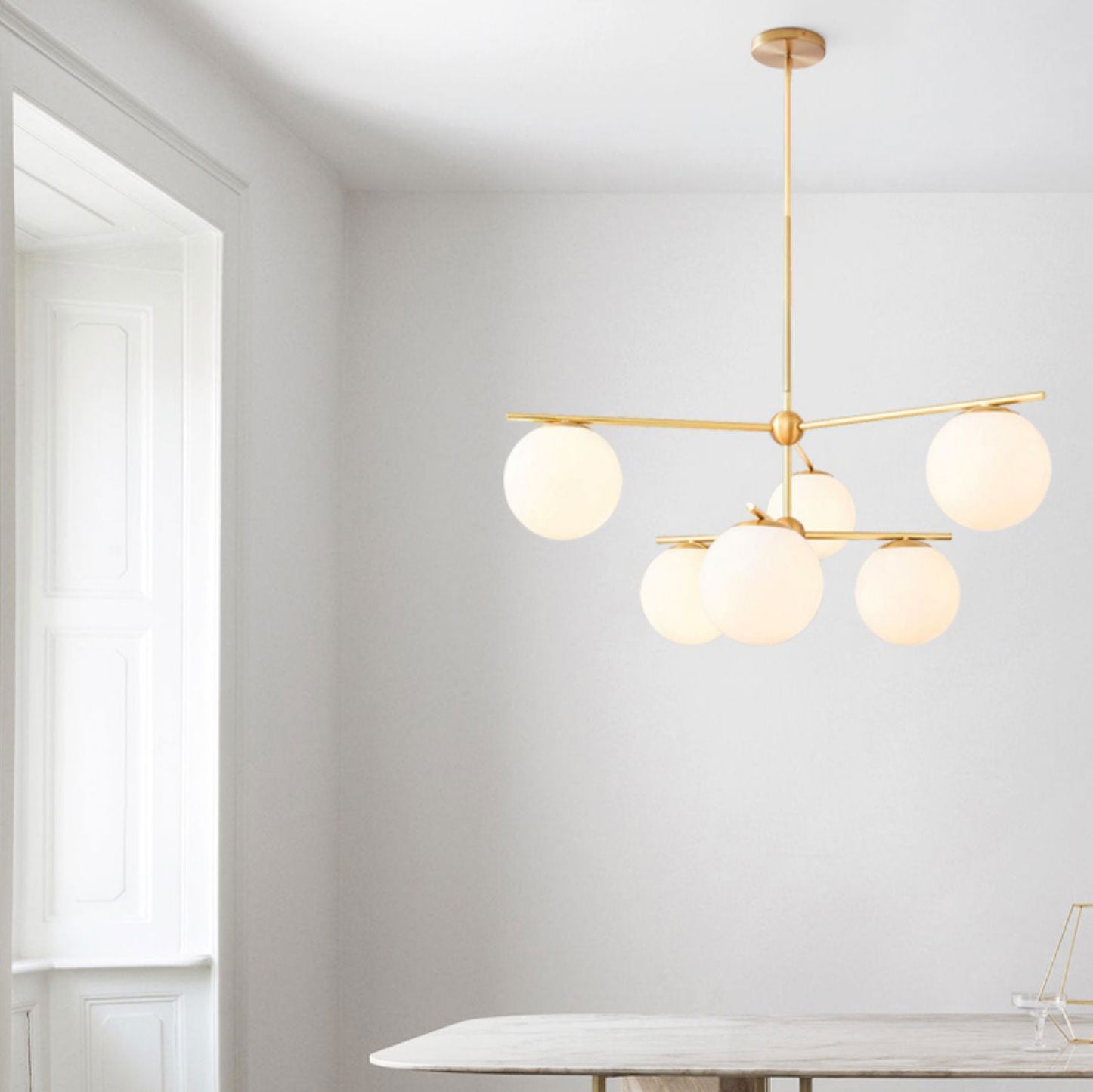 Mid Century Modern Sphere and Stem Chandelier with White Glass Globes and Brass Finish