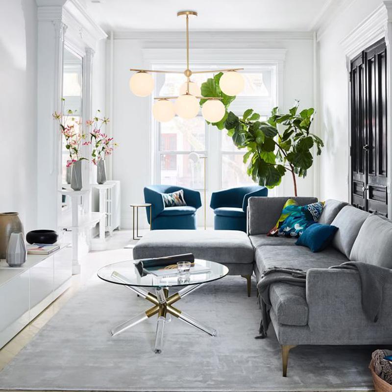 Mid Century Modern Sphere and Stem Chandelier with White Glass Globes and Brass Finish