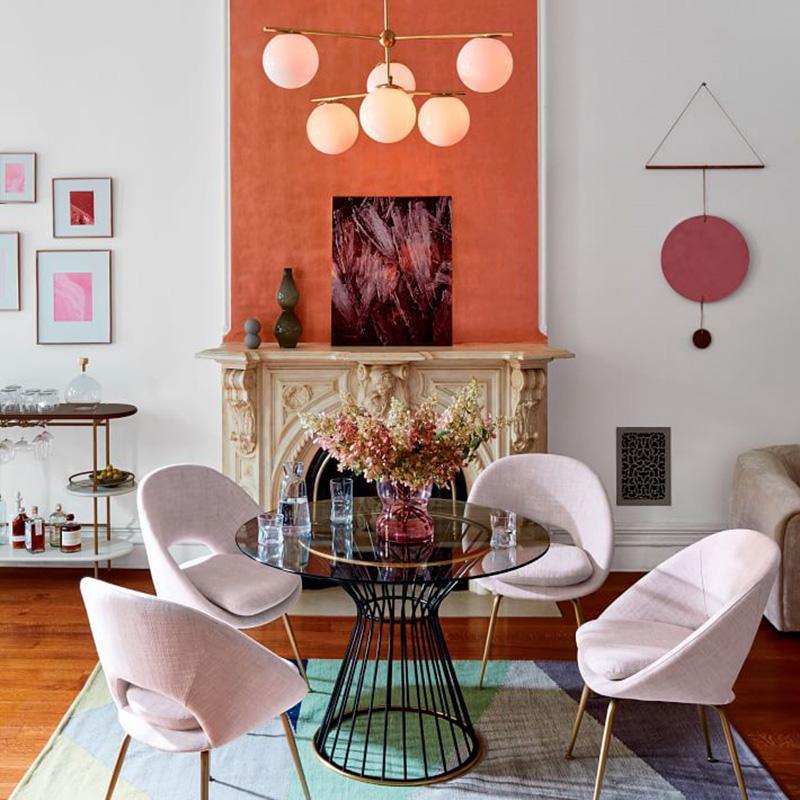 Mid Century Modern Sphere and Stem Chandelier with White Glass Globes and Brass Finish