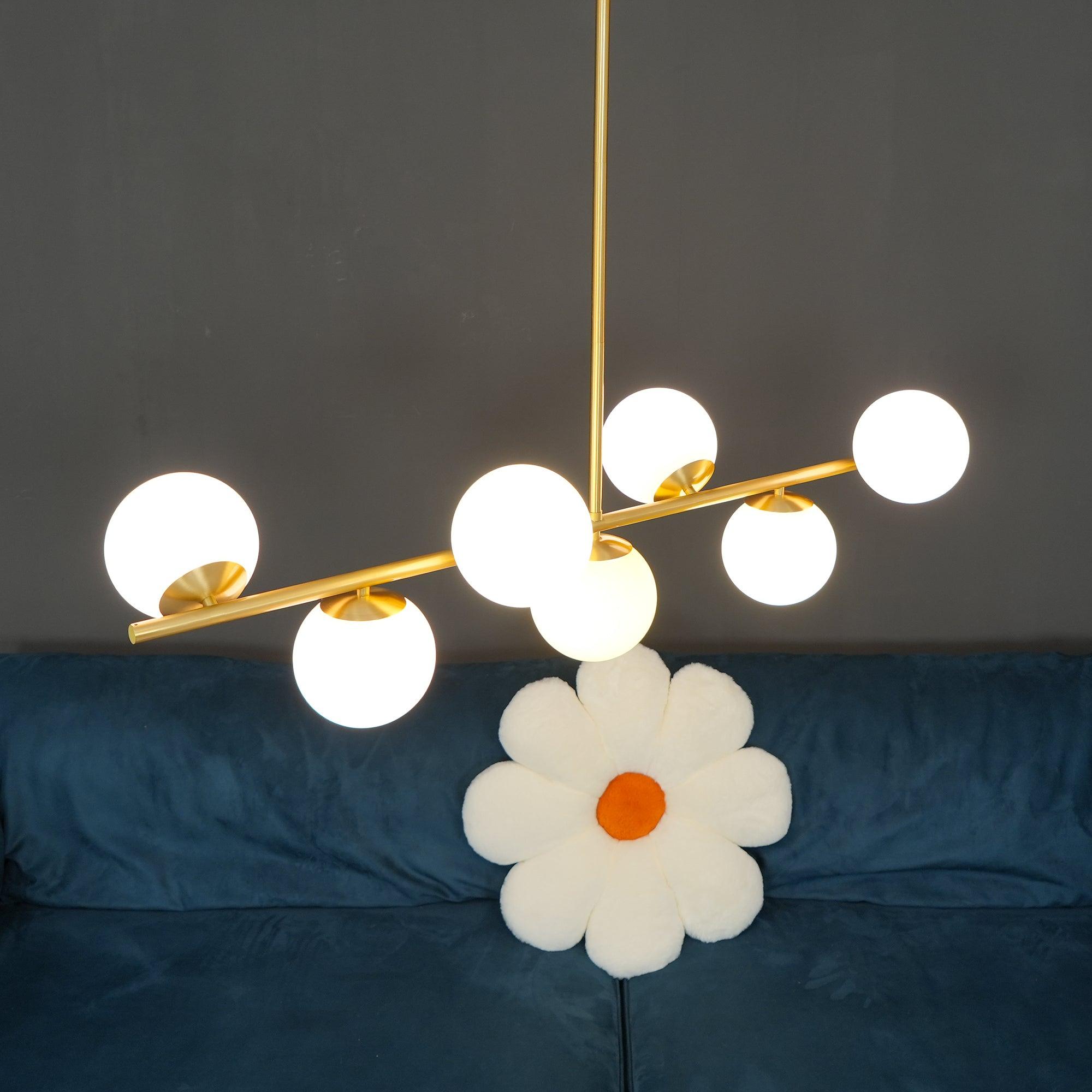 Mid Century Modern Sphere and Stem Chandelier with White Glass Globes and Brass Finish