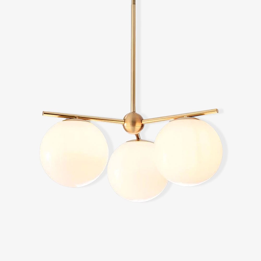 Mid Century Modern Sphere and Stem Chandelier with White Glass Globes and Brass Finish