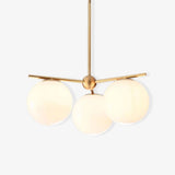 Mid Century Modern Sphere and Stem Chandelier with White Glass Globes and Brass Finish
