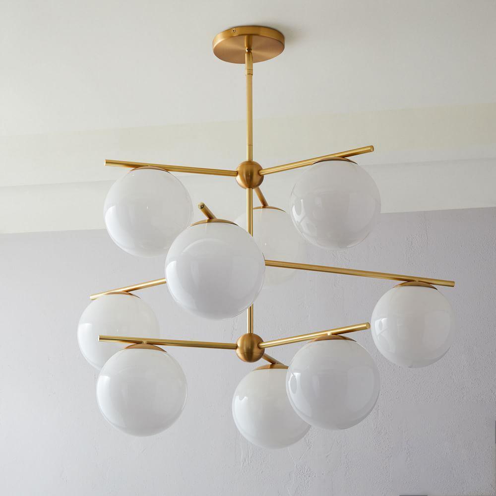 Mid Century Modern Sphere and Stem Chandelier with White Glass Globes and Brass Finish