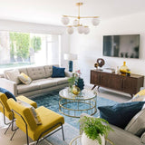 Mid Century Modern Sphere and Stem Chandelier with White Glass Globes and Brass Finish