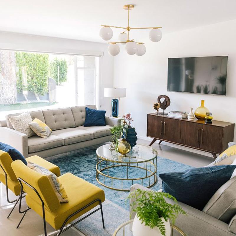 Mid Century Modern Sphere and Stem Chandelier with White Glass Globes and Brass Finish