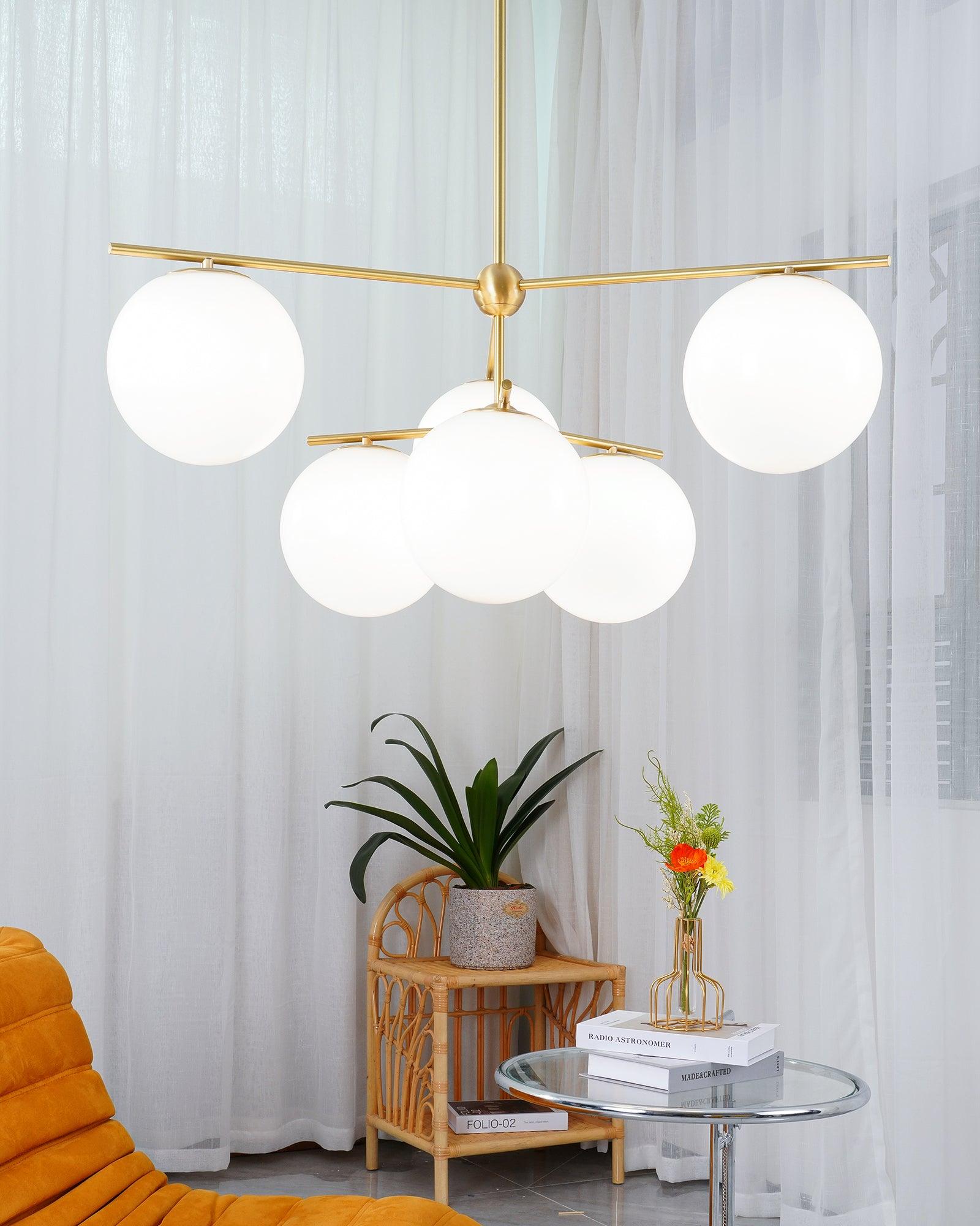 Mid Century Modern Sphere and Stem Chandelier with White Glass Globes and Brass Finish