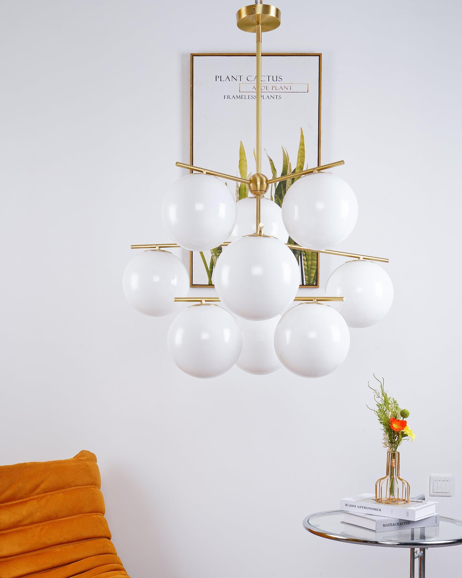 Mid Century Modern Sphere and Stem Chandelier with White Glass Globes and Brass Finish