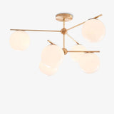 Mid Century Modern Sphere and Stem Chandelier with White Glass Globes and Brass Finish