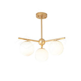 Mid Century Modern Sphere and Stem Chandelier with White Glass Globes and Brass Finish