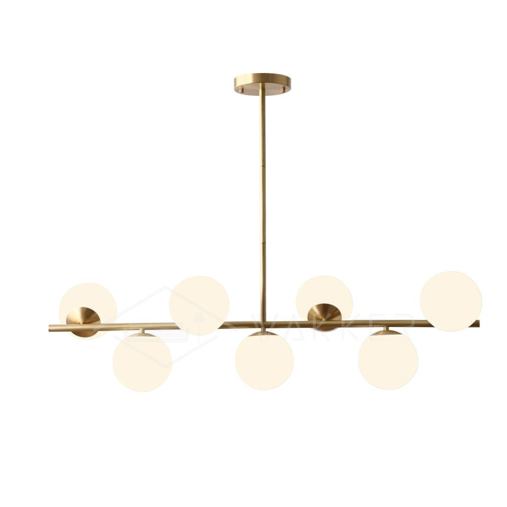 Mid Century Modern Sphere and Stem Chandelier with White Glass Globes and Brass Finish